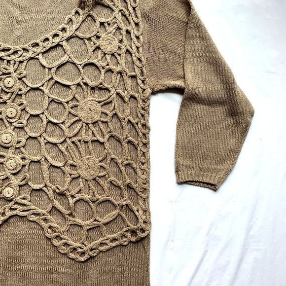 Vintage Ce'Ci Sweater Womens M/L Brown Crochet Chunky Knit Linen Blend Boho NEW - Picture 5 of 10